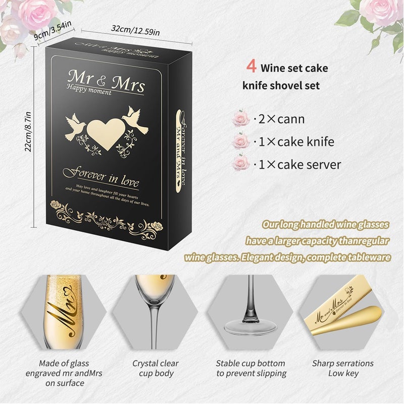Bltnever Mr and Mrs Champagne Flutes, Bride and Groom Champagne Glasses, Wedding Cake Knife and Server Set, Cake Cutting Set for Wedding, Bridal Shower Gifts, Engagement Gifts for Couples (Gold, Set of 4) - Image 5