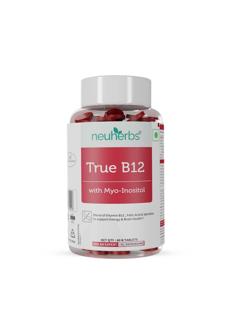 Neuherbs Plant-Based True B12 Supplements For Men & Women- 60 Tablets | B12 Tablets with Myo-inositol, Vitamin B9 (Folic Acid) & Spirulina | Vegetarian tablets for Energy, Brain Health, Digestion & Nerve Health |Supports Glowing Skin.  - Image 1