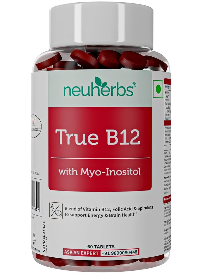 نيو هيربس مكملات B12 النباتية الأصلية للرجال والنساء - 60 قرصًا | أقراص B12 مع ميو إينوزيتول، فيتامين B9 (حمض الفوليك) وسبيرولينا | أقراص نباتية للطاقة وصحة الدماغ والهضم وصحة الأعصاب | يدعم البشرة المتوهجة. - Image 1