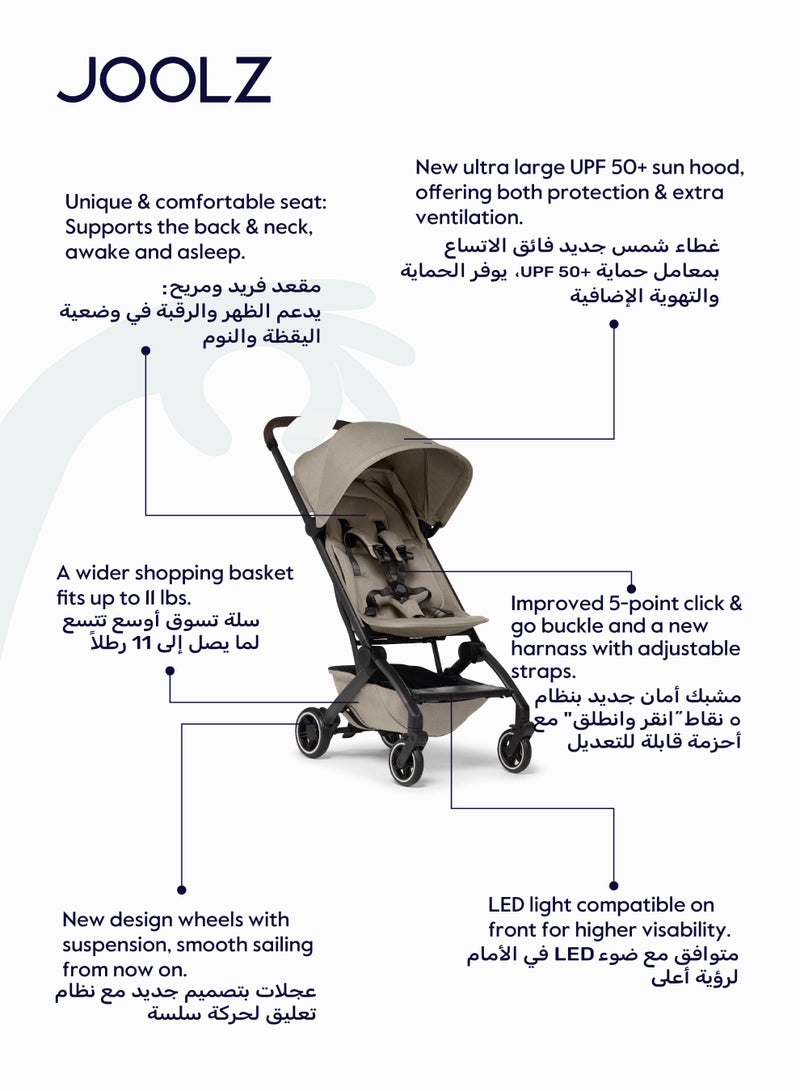 JOOLZ AER+ Lightweight Compact Travel Stroller – One-Hand Quick Fold, XXL Sun Hood, Adjustable Recline, Ultra Durable, Comfortable & Travel-Friendly – Supports Up to 50 lbs – Sandy Taupe - Image 2