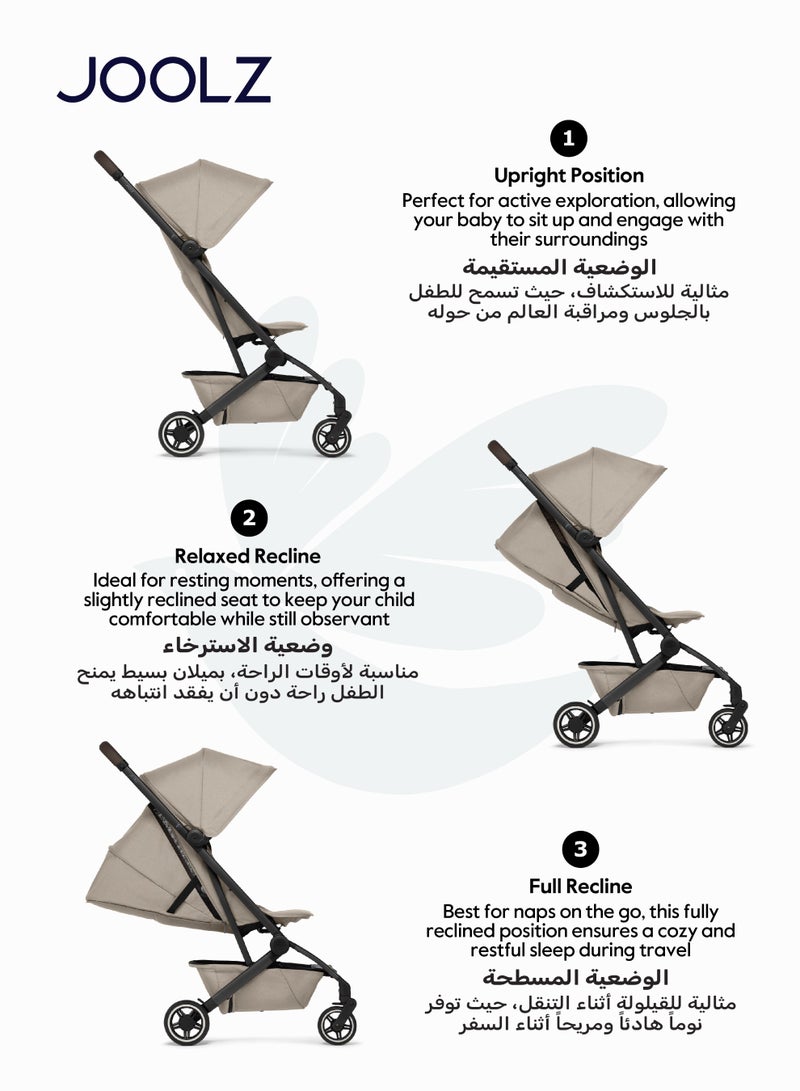 JOOLZ AER+ Lightweight Compact Travel Stroller – One-Hand Quick Fold, XXL Sun Hood, Adjustable Recline, Ultra Durable, Comfortable & Travel-Friendly – Supports Up to 50 lbs – Sandy Taupe - Image 4