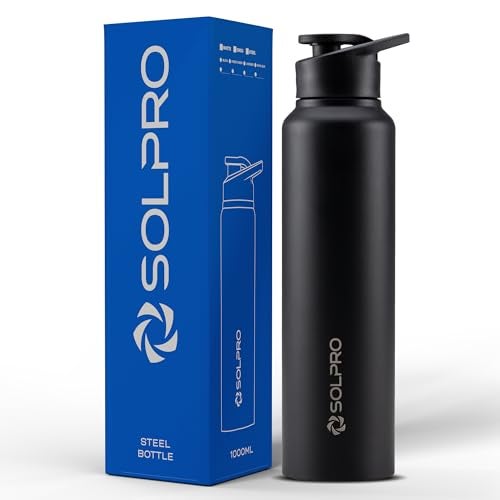 Solpro Alpha 1000mL Stainless Steel Water Bottle for Office,School,College,Travel,Gym,Yoga,Camping,Sports & Outdoor for Men,Women,Athletes,Kids,Children,Student, & Youth; Odor,Leak & BPA Free (Black) - Image 1