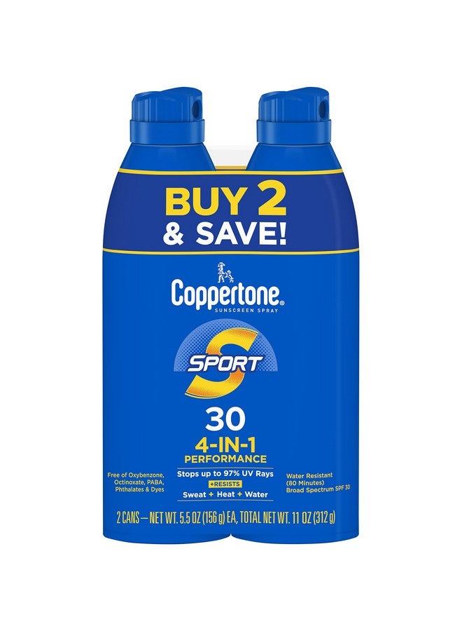 Coppertone Sport Sunscreen Spray SPF 30, Water Resistant Spray Sunscreen, Broad Spectrum SPF 30 Sunscreen, Bulk Sunscreen Pack, 5.5 Oz Bottle, Pack of 2