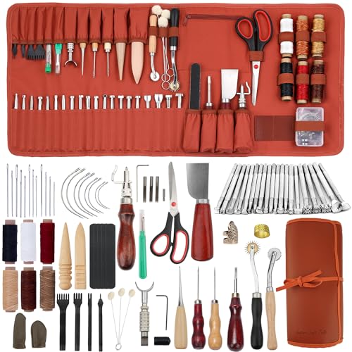 Dorhui Leather Working Tools Kit with Custom Storage Bag Leather Stamping Tools Leathering Craft Making for Cutting Punching Sewing Carving Stamping - Image 1