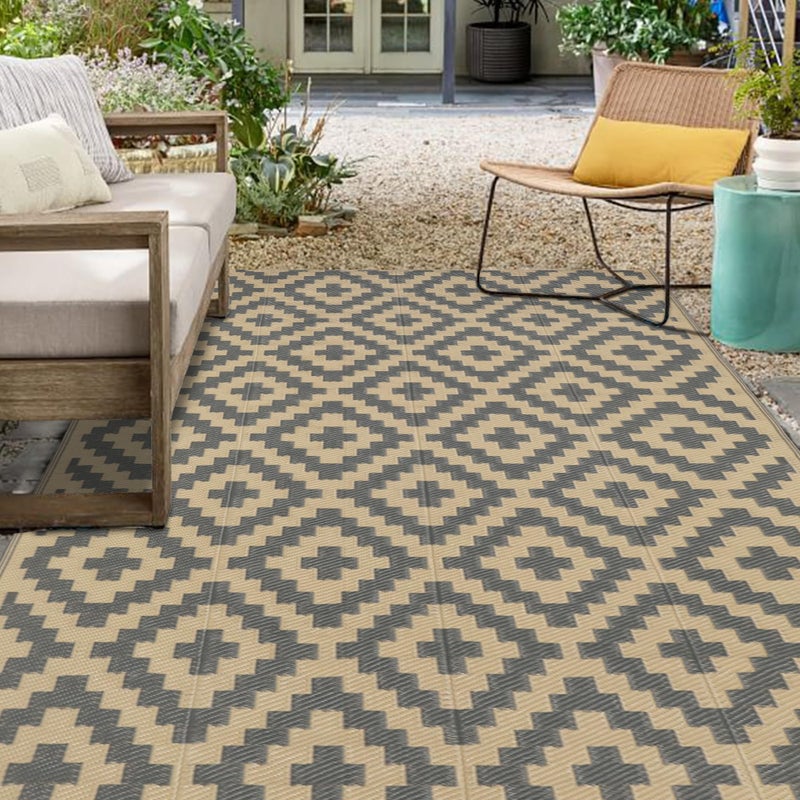 SAND MINE Reversible Mats, Plastic Straw Rug, Modern Area Rug, Large Floor Mat and Rug for Outdoors, RV, Patio, Backyard, Deck, Picnic, Beach, Trailer, Camping, Grey & Tan, 5' x 8' - Image 1