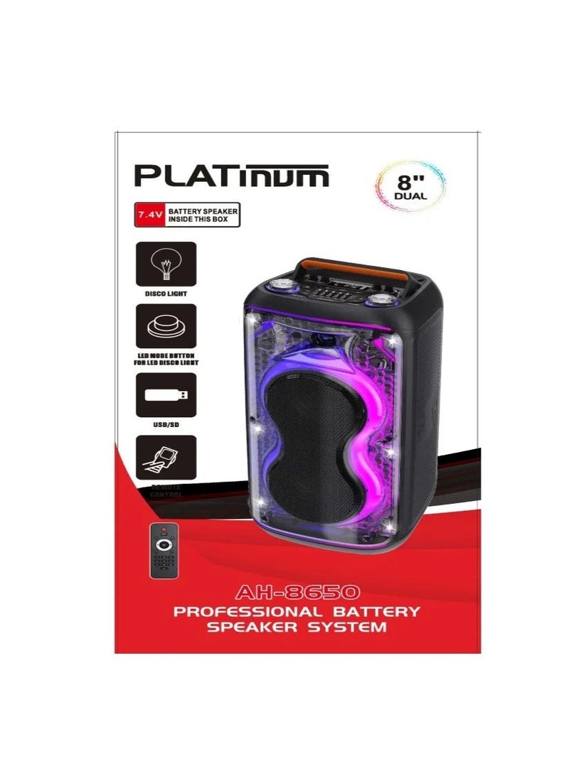 بلاتينيوم PLATinum مكبر صوت بلوتوث AH-8650 احترافي محمول، مضخم صوت مزدوج 8 بوصة، 60 واط، بطارية 7.4 فولت، إضاءة ديسكو LED، USB وSD وراديو FM مع ريموت - Image 2