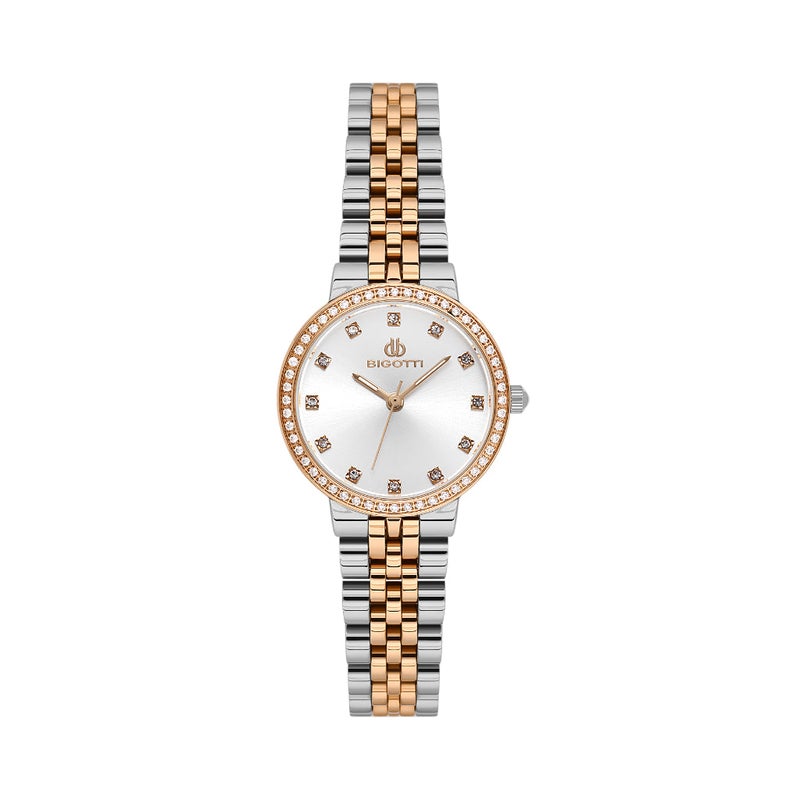 Bigotti Quotidiana Silver and Rose Gold Stainless Steel Watch for Women BG.1.10652-6 - Silver Sunray Dial with Stone, 28mm Case, Japanese Quartz, 30M Water Resistant, Mineral Glass - Image 1