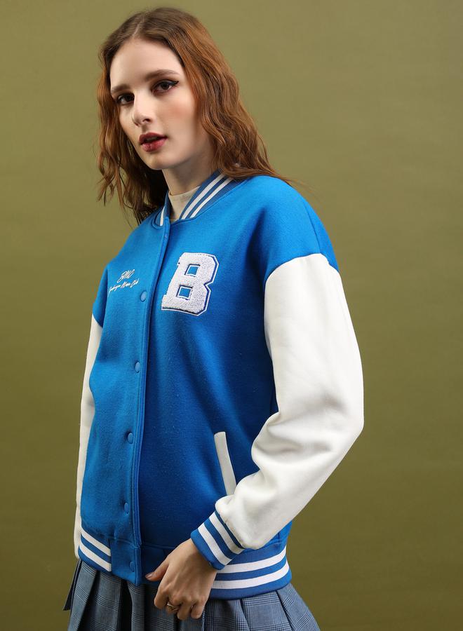 Tokyo Talkies Embroidered Colorblock Relaxed Fit Varsity Jacket by Styli  - Image 4