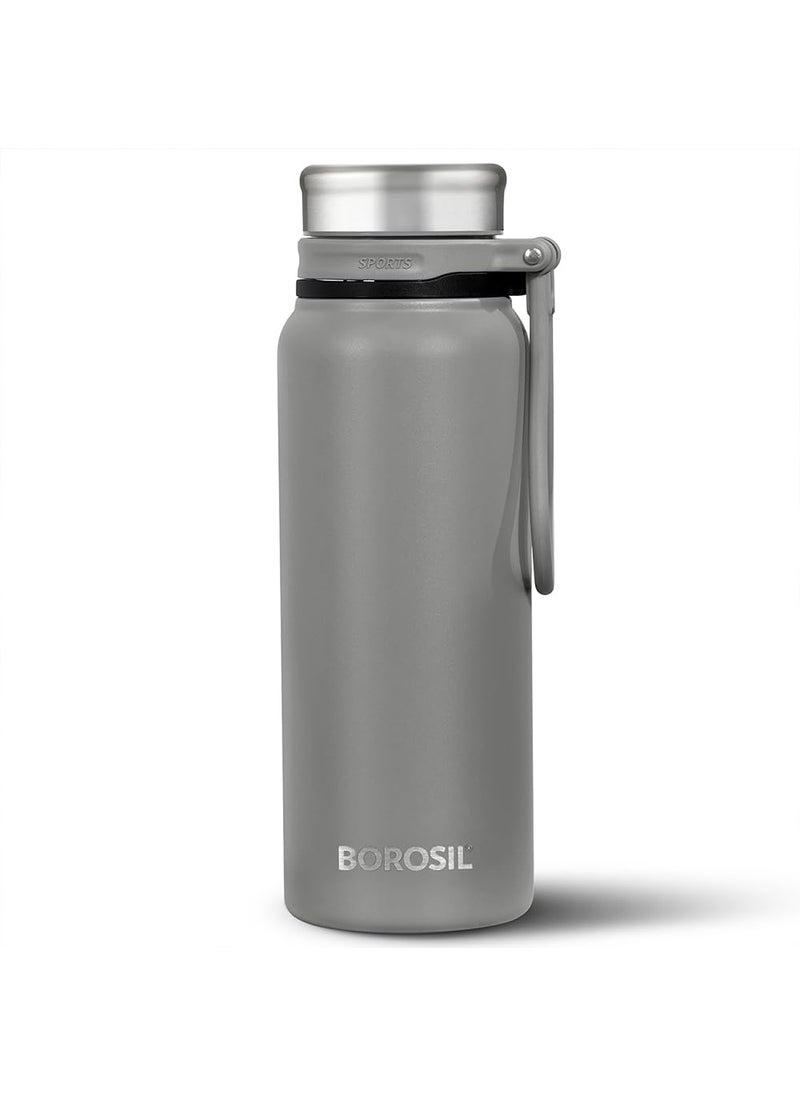 BOROSIL Borosil Hydra Aquafit 830 ml Grey Stainless Steel Water Bottle | Double Wall Vacuum Insulated Thermo Flask | 14 hrs Hot & 16 hrs Cold | Leakproof, Wide Mouth, Strap | Bottle for Gym, Office, School  - Image 1