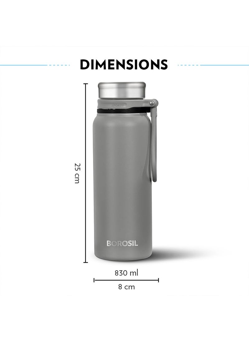 BOROSIL Borosil Hydra Aquafit 830 ml Grey Stainless Steel Water Bottle | Double Wall Vacuum Insulated Thermo Flask | 14 hrs Hot & 16 hrs Cold | Leakproof, Wide Mouth, Strap | Bottle for Gym, Office, School  - Image 3