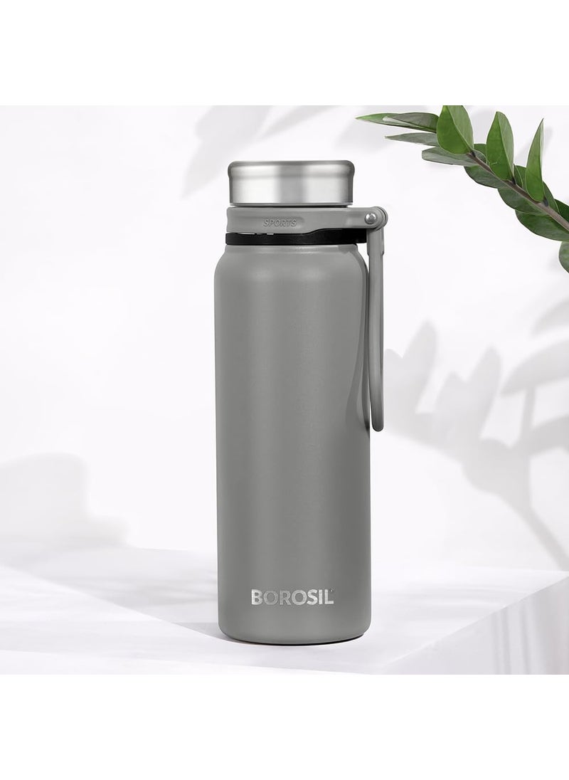 BOROSIL Borosil Hydra Aquafit 830 ml Grey Stainless Steel Water Bottle | Double Wall Vacuum Insulated Thermo Flask | 14 hrs Hot & 16 hrs Cold | Leakproof, Wide Mouth, Strap | Bottle for Gym, Office, School  - Image 2