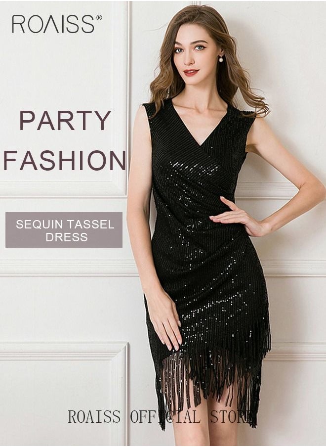 roaiss - Banquet Party Dress for Women Evening Dresses V Neck Sequins Knee-Length Sleeveless Prom Ball Gown Wedding Elegant Slim formal Dresses Bridesmaid Dress - Image 1