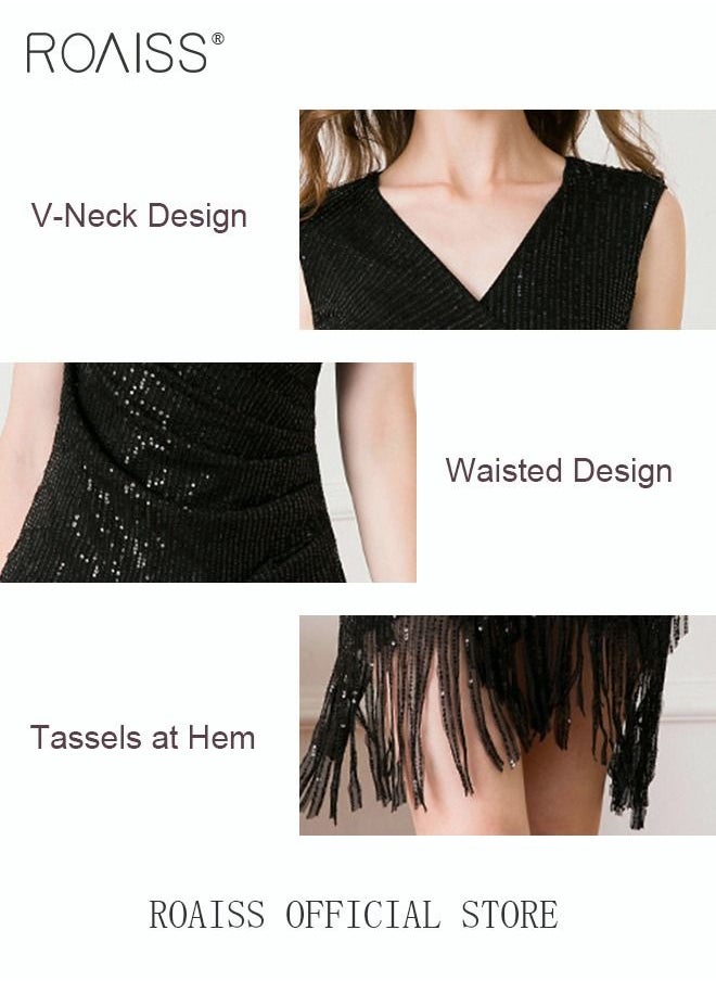 roaiss - Banquet Party Dress for Women Evening Dresses V Neck Sequins Knee-Length Sleeveless Prom Ball Gown Wedding Elegant Slim formal Dresses Bridesmaid Dress - Image 1