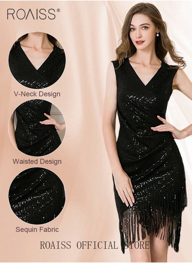 roaiss - Banquet Party Dress for Women Evening Dresses V Neck Sequins Knee-Length Sleeveless Prom Ball Gown Wedding Elegant Slim formal Dresses Bridesmaid Dress - Image 1