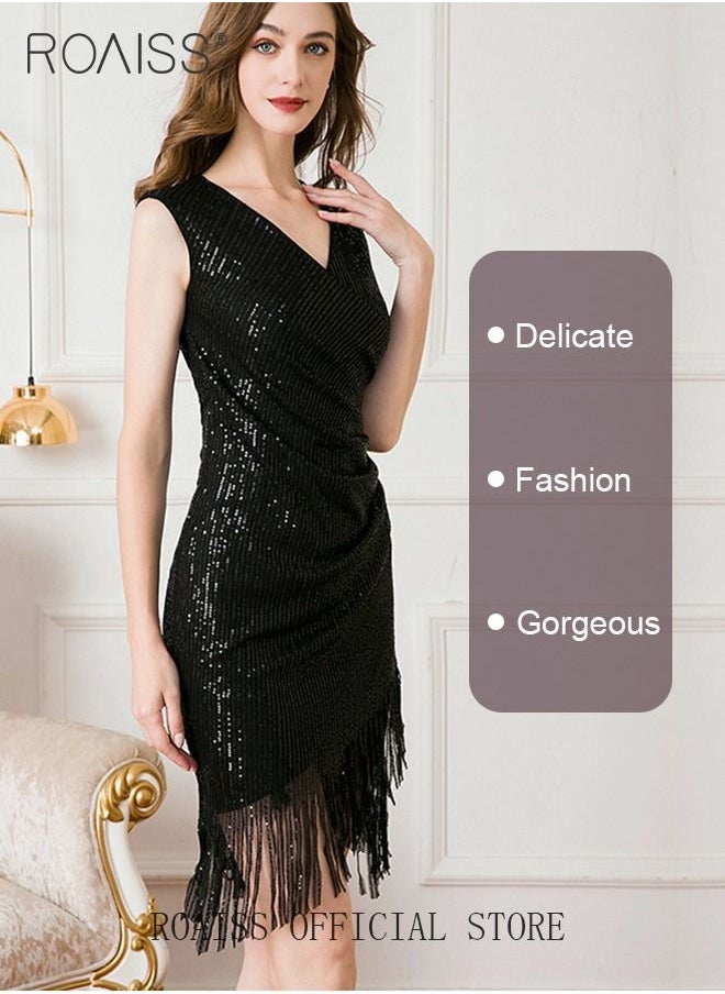 roaiss - Banquet Party Dress for Women Evening Dresses V Neck Sequins Knee-Length Sleeveless Prom Ball Gown Wedding Elegant Slim formal Dresses Bridesmaid Dress - Image 1