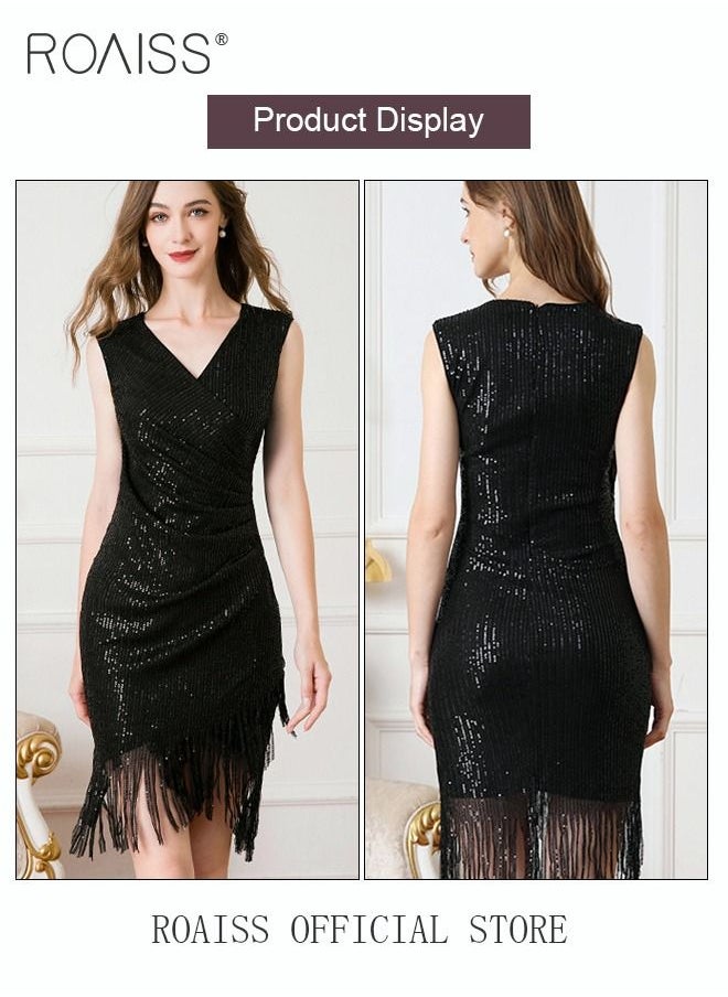 roaiss - Banquet Party Dress for Women Evening Dresses V Neck Sequins Knee-Length Sleeveless Prom Ball Gown Wedding Elegant Slim formal Dresses Bridesmaid Dress - Image 1
