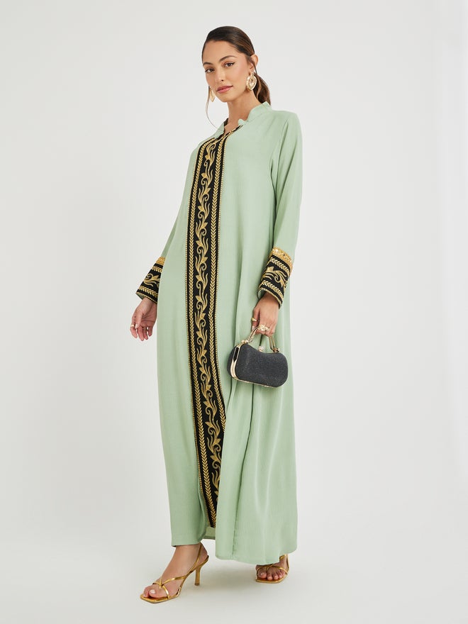 Styli Amirah Crinkled Collared Jalabiya with Lace Panel  - Image 1