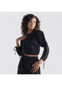 Pleated Crop Top with Balloon Sleeves and Ruffle Detail