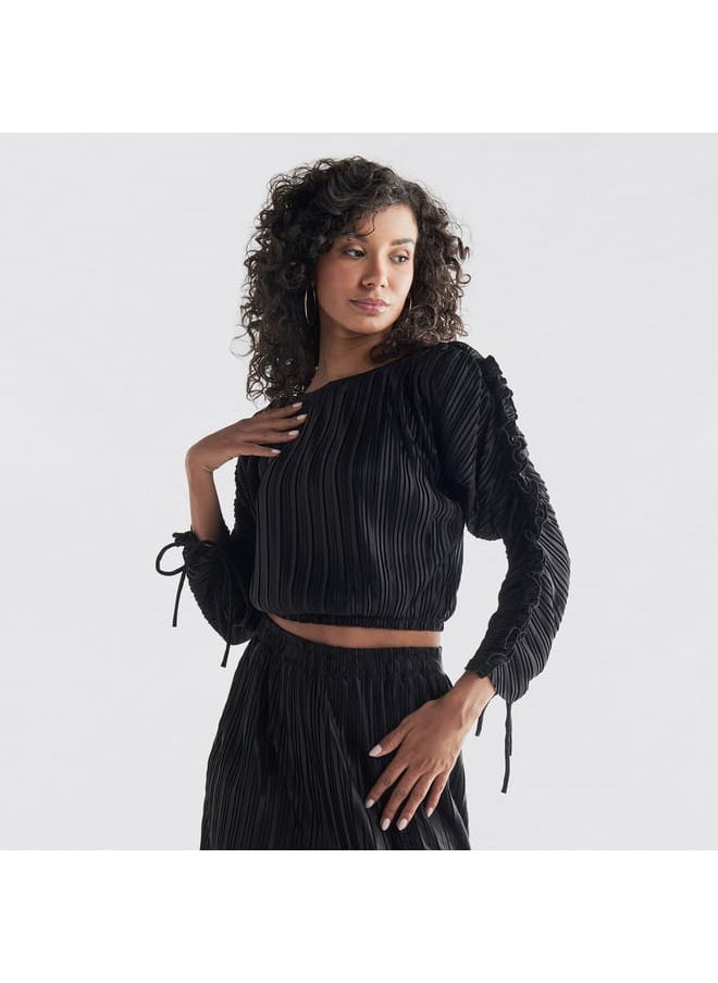 FAV Pleated Crop Top with Balloon Sleeves and Ruffle Detail  - Image 1