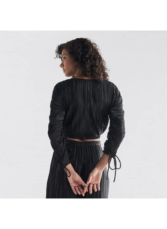 Splash FAV Pleated Crop Top with Balloon Sleeves and Ruffle Detail
