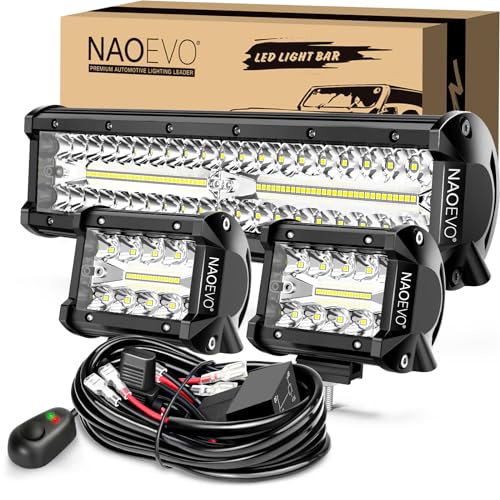 NAOEVO 12Inch LED Light Bar and 2PCS 4Inch LED Pod Lights 420W 42000LM LED FogDrivingOff Road Lights Bar Spot Flood Combo LED Light Bar with Wiring Harness Kit3 Lead for Truck ATV Boat