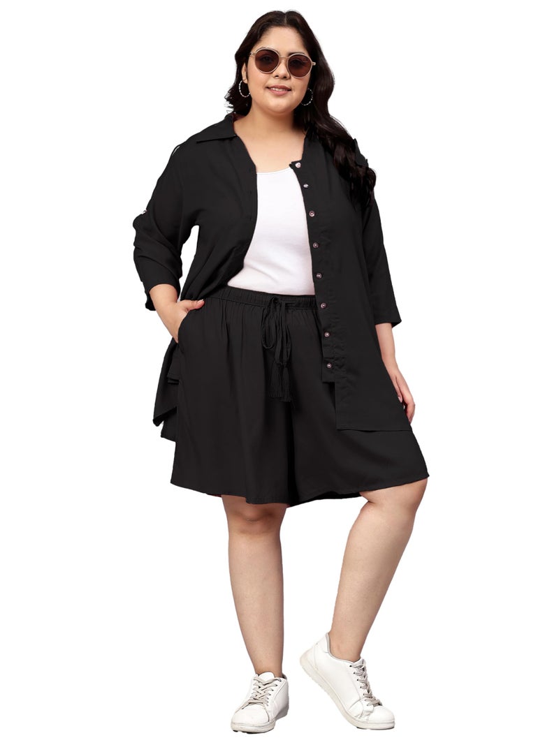 Indietoga Women's Plus Size Longline Shirt and Shorts Co-Ords Set (P10001544_Black Solid_3XL) - Image 1