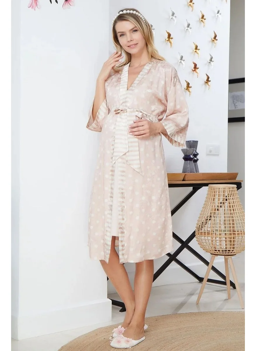 Cossy By Aqua 22546 Maternity Maternity Three Quarter Sleeve Satin Dressing Gown-Powder