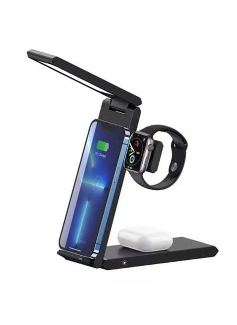 USAMS US-CD181 15W 3 in 1 Folding Desktop Wireless Charging Stand With Table Lamp Black