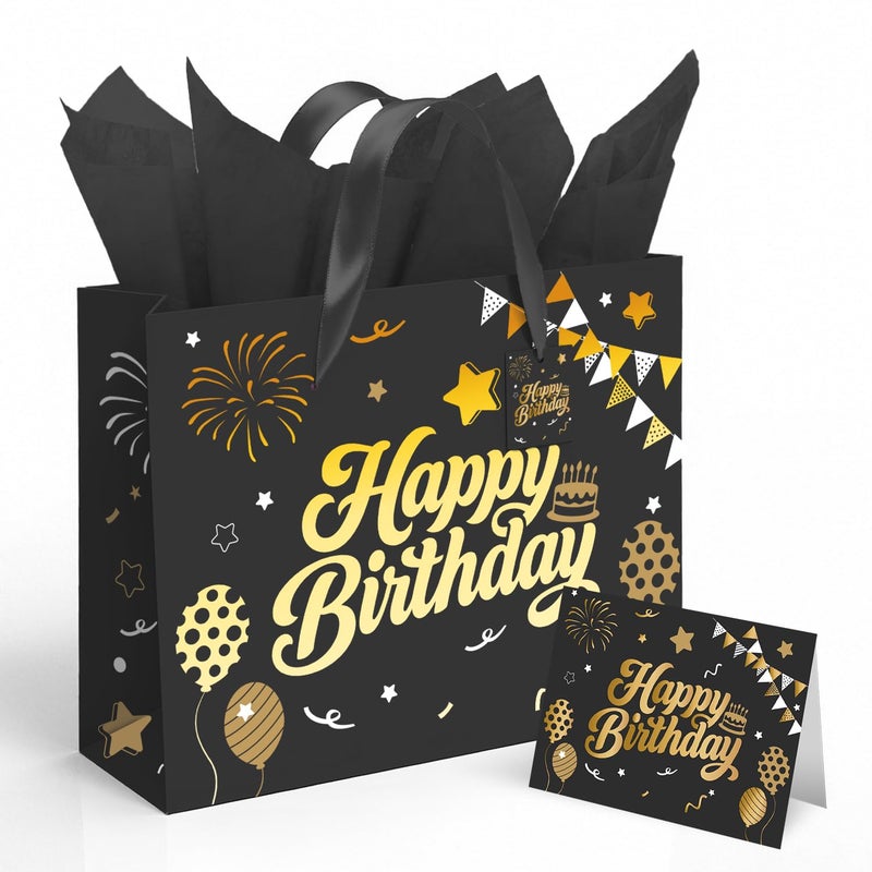 Sipthene 13â€ Black Birthday Gift Bag with Tissue Paper and Greeting Card, Happy Birthday Gift Bags for Party, Hot Foil Stamping Design Gift Wrap Bags Decor for Men, Women and Kids, 1 PCS, Medium Size - Image 1