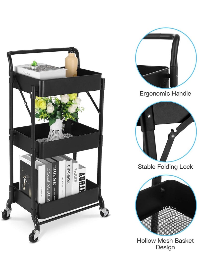3-Tier Rolling Utility Cart, Folding Mobile Multi-Function Storage Trolley Organizer Cart for Home Library Office(Black)
