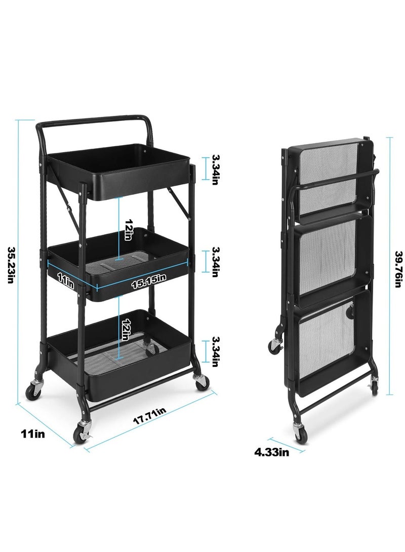 3-Tier Rolling Utility Cart, Folding Mobile Multi-Function Storage Trolley Organizer Cart for Home Library Office(Black)