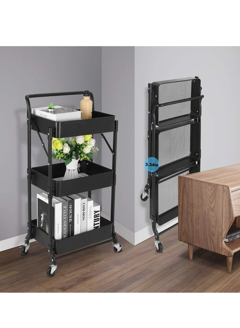3-Tier Rolling Utility Cart, Folding Mobile Multi-Function Storage Trolley Organizer Cart for Home Library Office(Black)