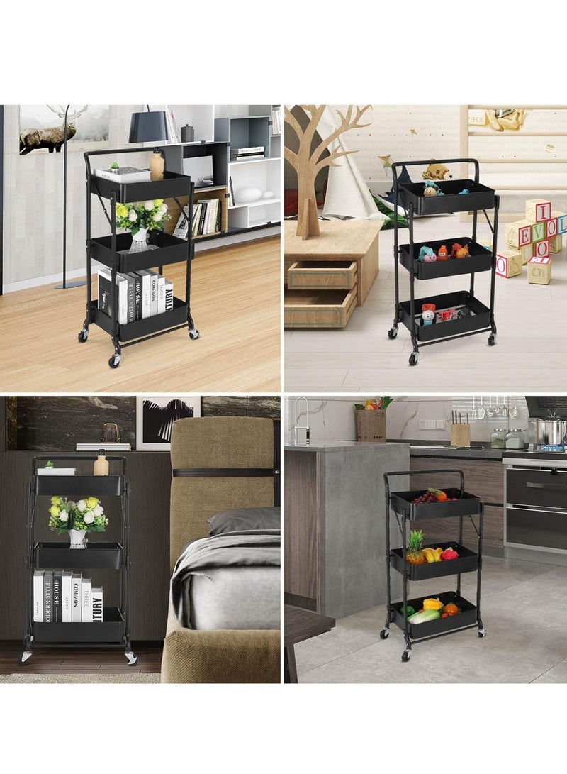 3-Tier Rolling Utility Cart, Folding Mobile Multi-Function Storage Trolley Organizer Cart for Home Library Office(Black)