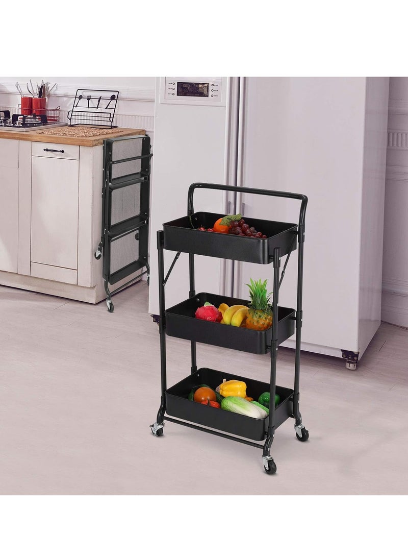 3-Tier Rolling Utility Cart, Folding Mobile Multi-Function Storage Trolley Organizer Cart for Home Library Office(Black)