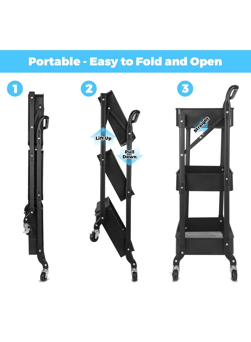 3-Tier Rolling Utility Cart, Folding Mobile Multi-Function Storage Trolley Organizer Cart for Home Library Office(Black)