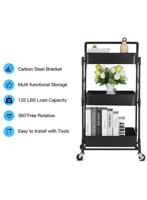 3-Tier Rolling Utility Cart, Folding Mobile Multi-Function Storage Trolley Organizer Cart for Home Library Office(Black)