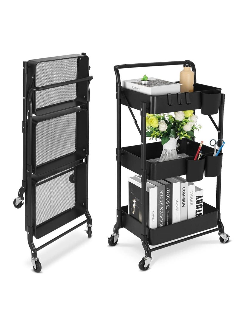 3-Tier Rolling Utility Cart, Folding Mobile Multi-Function Storage Trolley Organizer Cart for Home Library Office(Black)