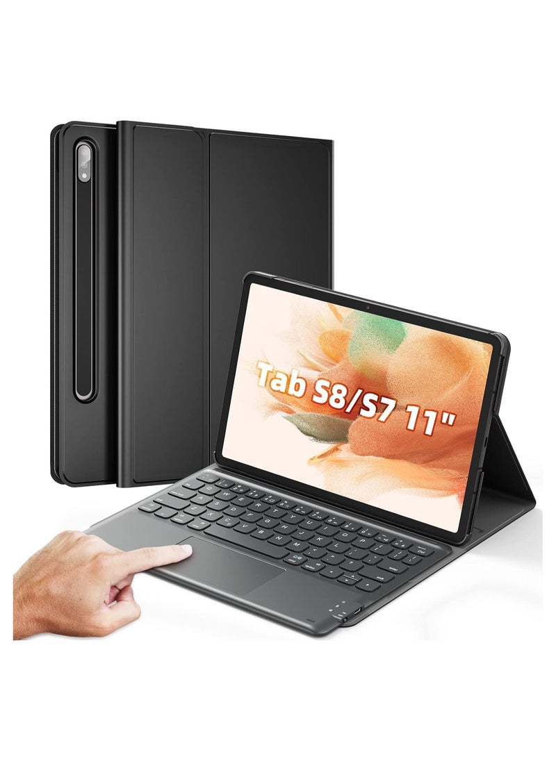 vesus ELTERAZONE Galaxy Tab S8 Keyboard Case, Touchpad with S Pen Slot, for Samsung Galaxy Tab S8 / S7 11 inch SM-X700 / X706 / T870 / T875 / T878, Rechargeable & Detachable BT Keyboard, PU Slim Cover, Blac - Image 1