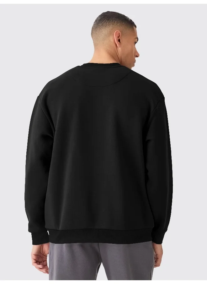 مانياك Mens Solid Round Neck Full Sleeve Black Fleece Sweatshirt