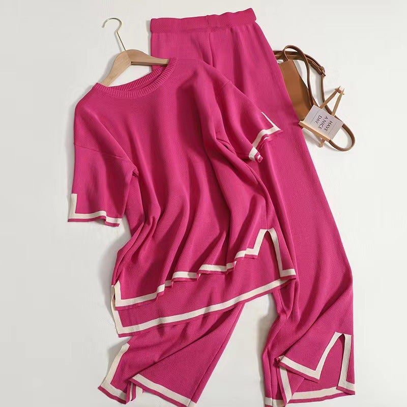 Fashion Two-Piece Knit Set with Color Block Short Sleeve Top and High Waist Flared Pants - Image 1