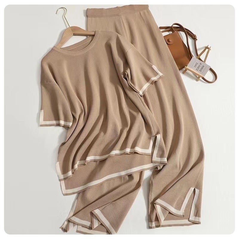Fashion Two-Piece Knit Set with Color Block Short Sleeve Top and High Waist Flared Pants - Image 3