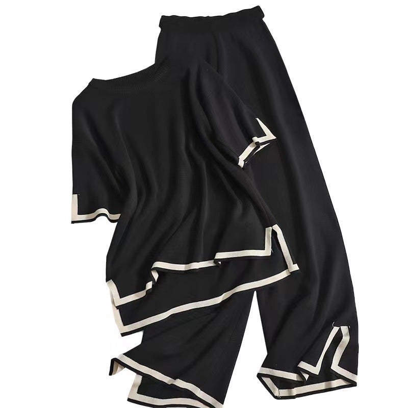 Fashion Two-Piece Knit Set with Color Block Short Sleeve Top and High Waist Flared Pants - Image 4