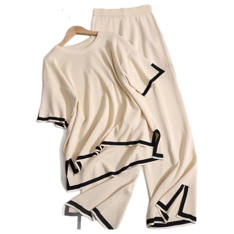 Fashion Two-Piece Knit Set with Color Block Short Sleeve Top and High Waist Flared Pants - Image 2