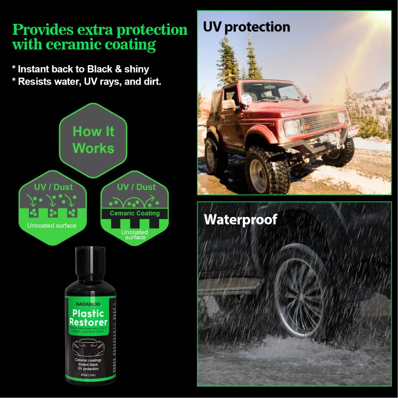 NADAMOO Plastic Restorer, Highly Concentrated Ceramic Coating for Cars, Back to Black Automotive Exterior and Interior Trim Scratch Remover Kit, Restore Faded Plastic, Vinyl & Rubber, 30ml - Image 4