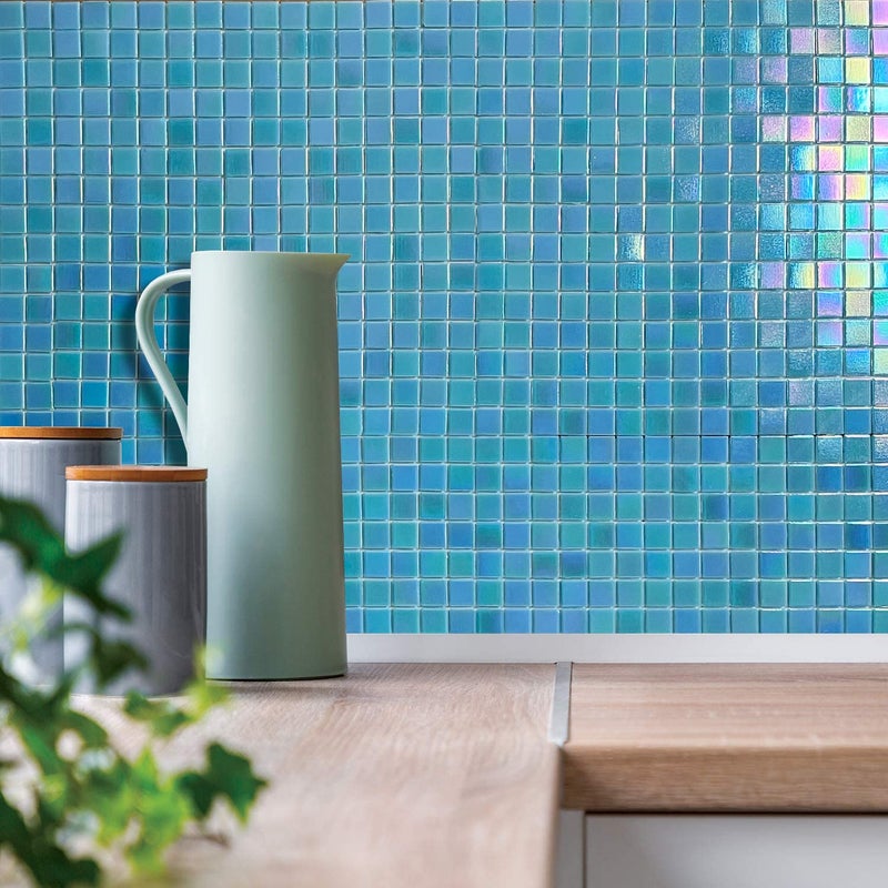 DICOFUN 40-Sheet Rainbow Peel and Stick Backsplash for Kitchen and Bathroom, 6.6" x 6.6" Blue Glass Mosaic Tiles - Image 4