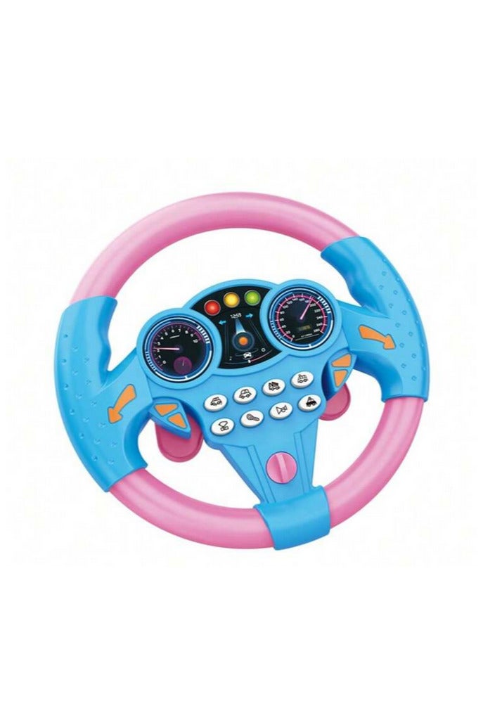 An educational and interactive toy that resembles a real steering wheel, equipped with buttons that produce realistic sounds such as a horn, engine, traffic lights, and more. Ideal for developing a child's imagination and teaching them the basics of driving in a fun and safe way. Designed in attractive colors (blue and pink) suitable for both girls and boys, it is lightweight for easy portability and use at home or while traveling. - Image 1
