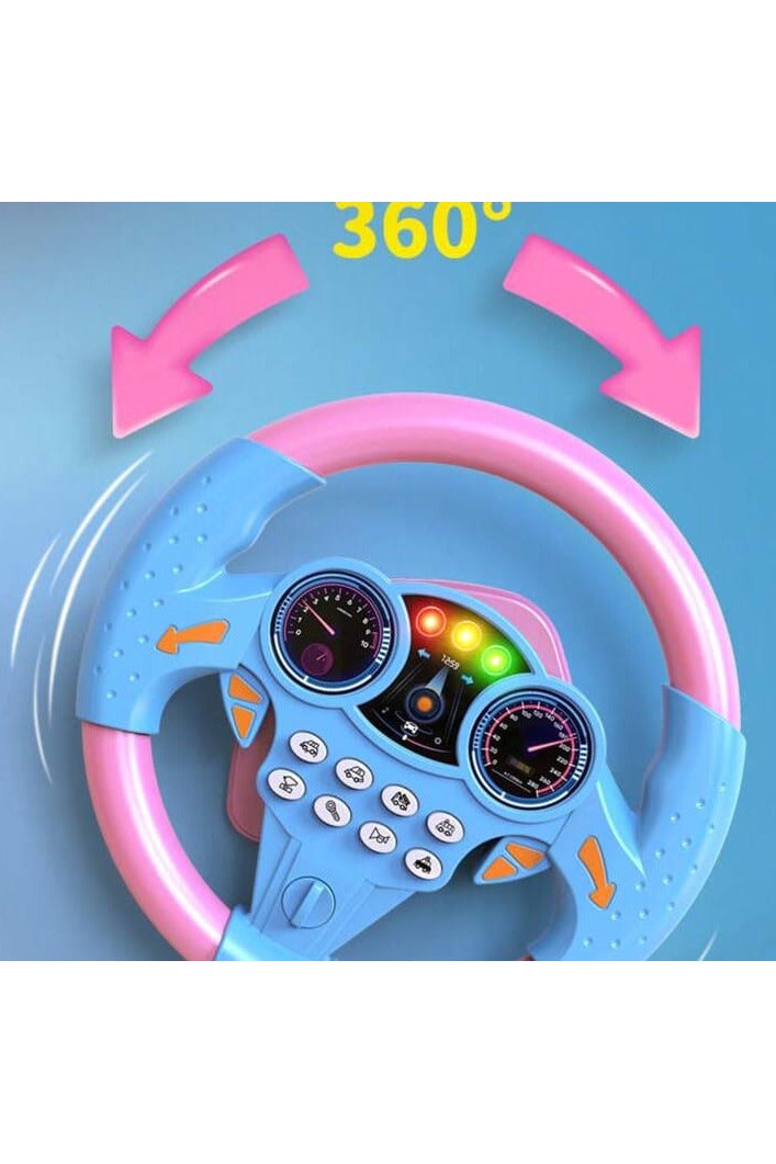 An educational and interactive toy that resembles a real steering wheel, equipped with buttons that produce realistic sounds such as a horn, engine, traffic lights, and more. Ideal for developing a child's imagination and teaching them the basics of driving in a fun and safe way. Designed in attractive colors (blue and pink) suitable for both girls and boys, it is lightweight for easy portability and use at home or while traveling. - Image 3