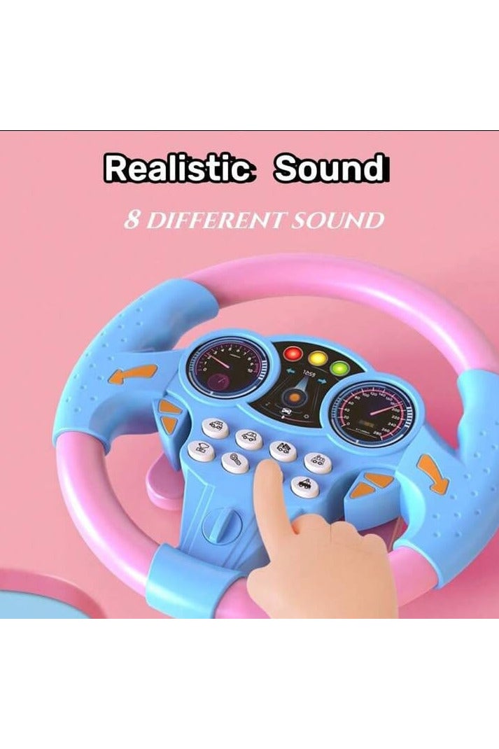 An educational and interactive toy that resembles a real steering wheel, equipped with buttons that produce realistic sounds such as a horn, engine, traffic lights, and more. Ideal for developing a child's imagination and teaching them the basics of driving in a fun and safe way. Designed in attractive colors (blue and pink) suitable for both girls and boys, it is lightweight for easy portability and use at home or while traveling. - Image 4