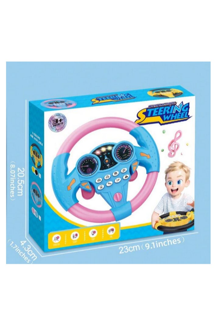 An educational and interactive toy that resembles a real steering wheel, equipped with buttons that produce realistic sounds such as a horn, engine, traffic lights, and more. Ideal for developing a child's imagination and teaching them the basics of driving in a fun and safe way. Designed in attractive colors (blue and pink) suitable for both girls and boys, it is lightweight for easy portability and use at home or while traveling. - Image 5