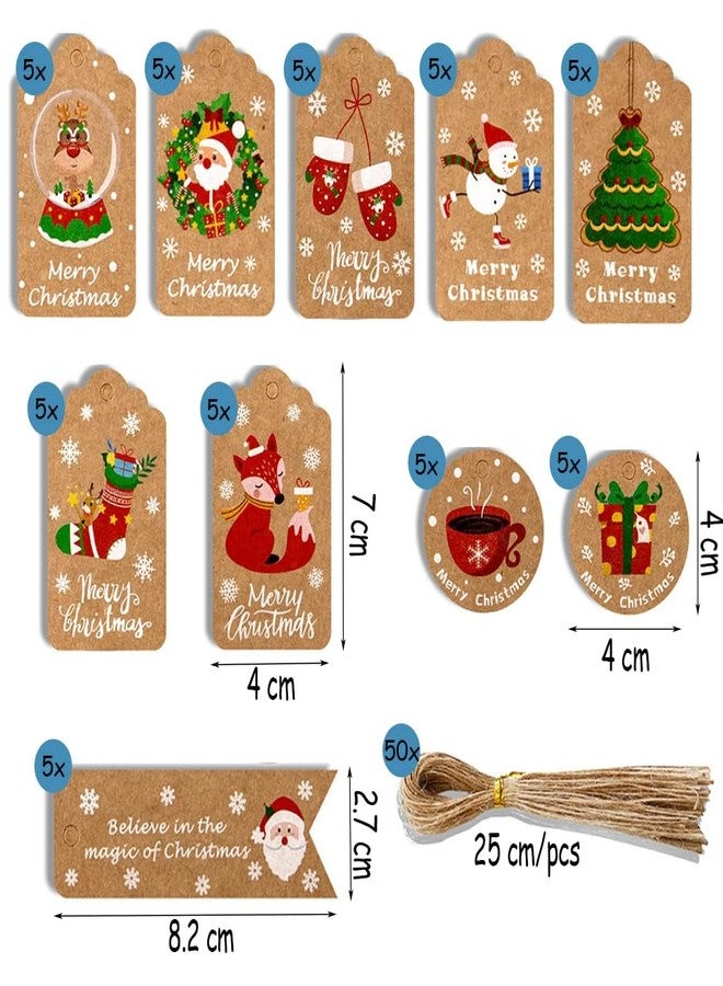 BharatBazaar Gift Tags, 50pcs Christmas Tree Decoration, Design Kraft Paper Christmas Labels with Jute String for Gift Christmas Tree Decoration - Image 2
